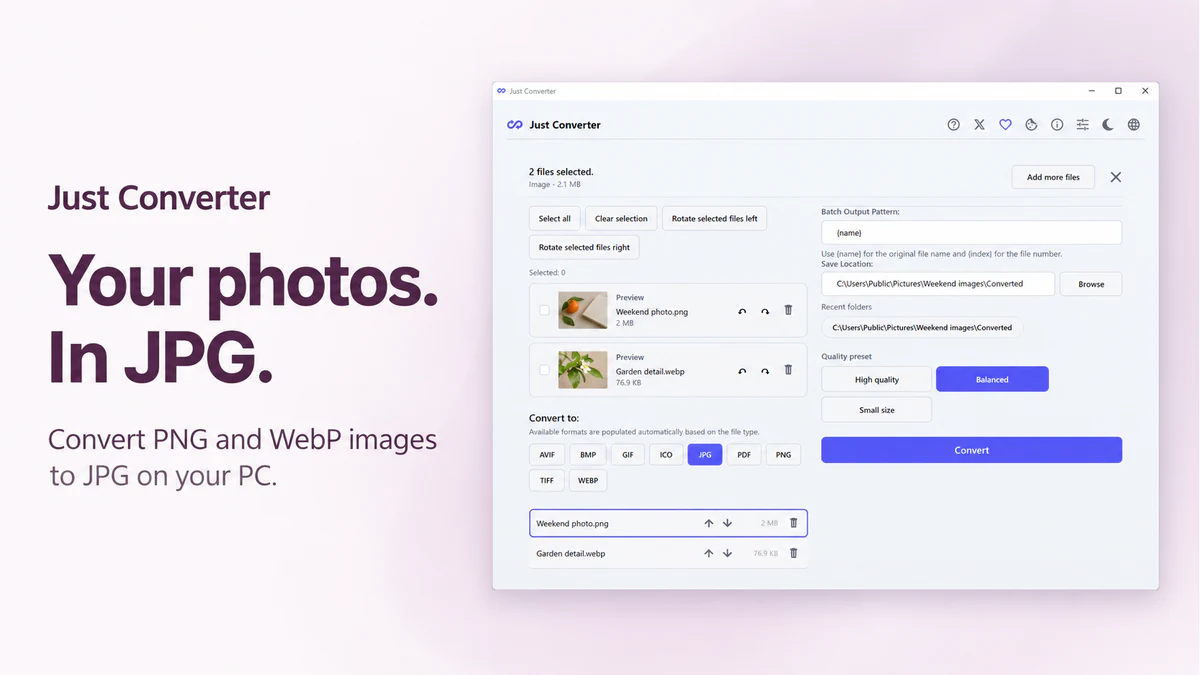 Just Converter with PNG and WebP images selected for JPG output, a quality preset and a save folder.