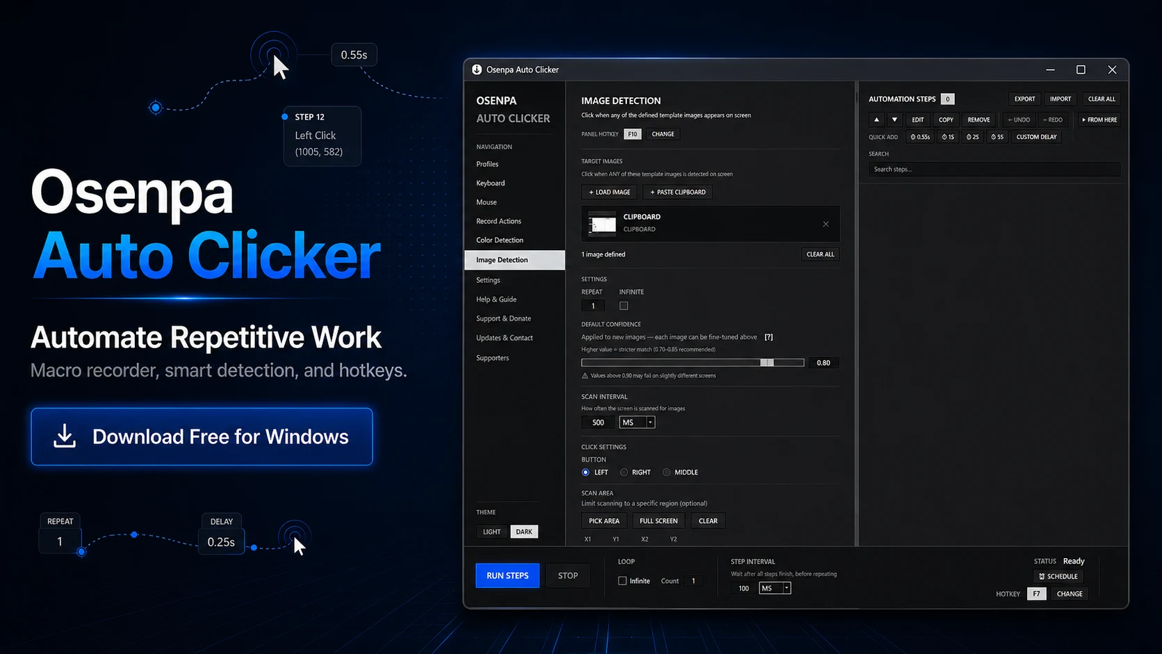 Osenpa Auto Clicker automation tool for repetitive Windows tasks with macros, detection, and hotkeys.