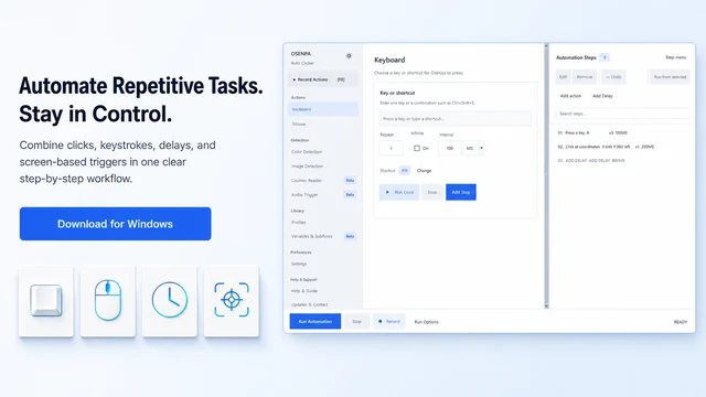 Osenpa Auto Clicker workflow with recorded steps