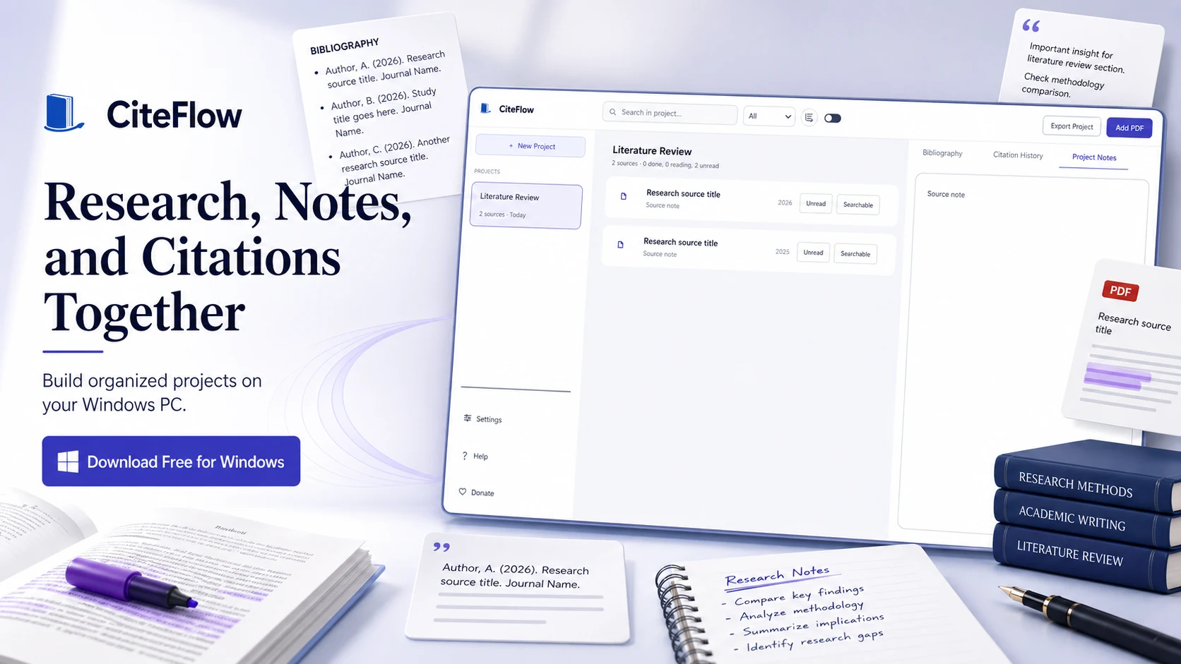 CiteFlow research notes and citation manager for organizing sources, PDFs, bibliography, and literature review on Windows.