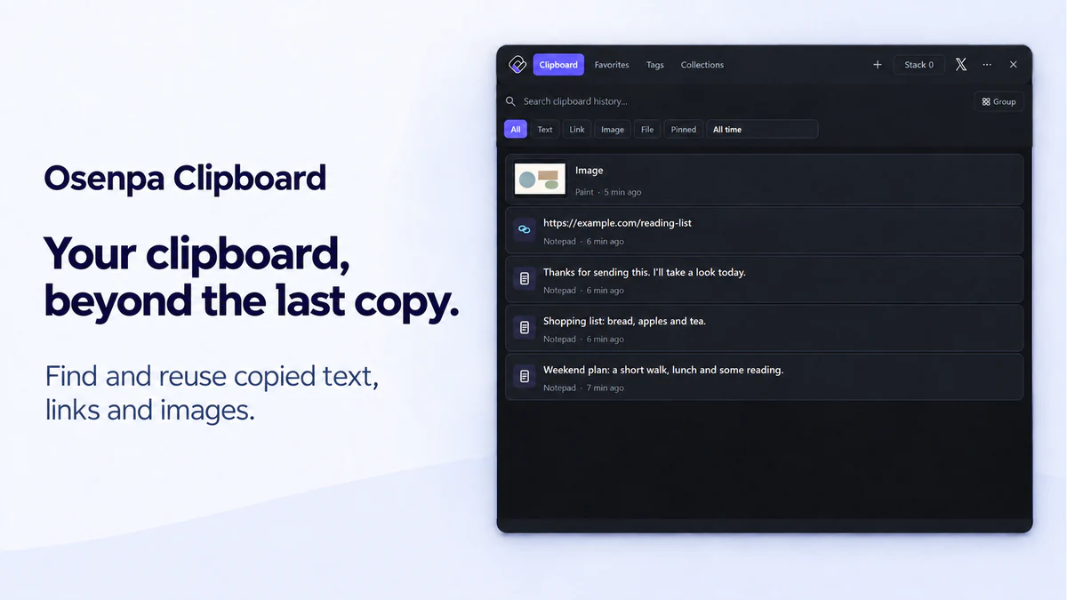 Osenpa Clipboard history showing saved text, a link and an image, with search and type filters.