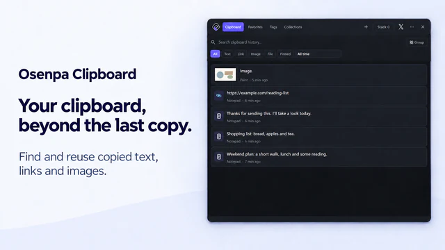 Osenpa Clipboard history showing saved text, a link and an image, with search and type filters.
