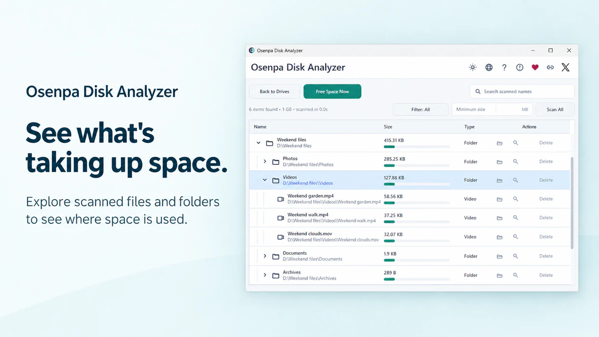 Osenpa Disk Analyzer showing a scanned folder tree with file sizes and proportional size bars.