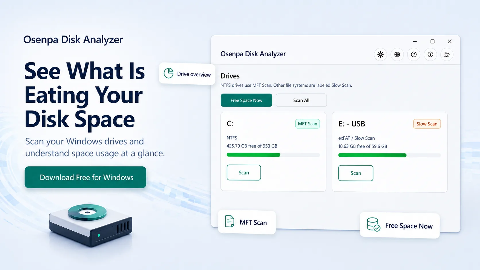 Osenpa Disk Analyzer free Windows disk space analyzer for seeing what is eating disk space.
