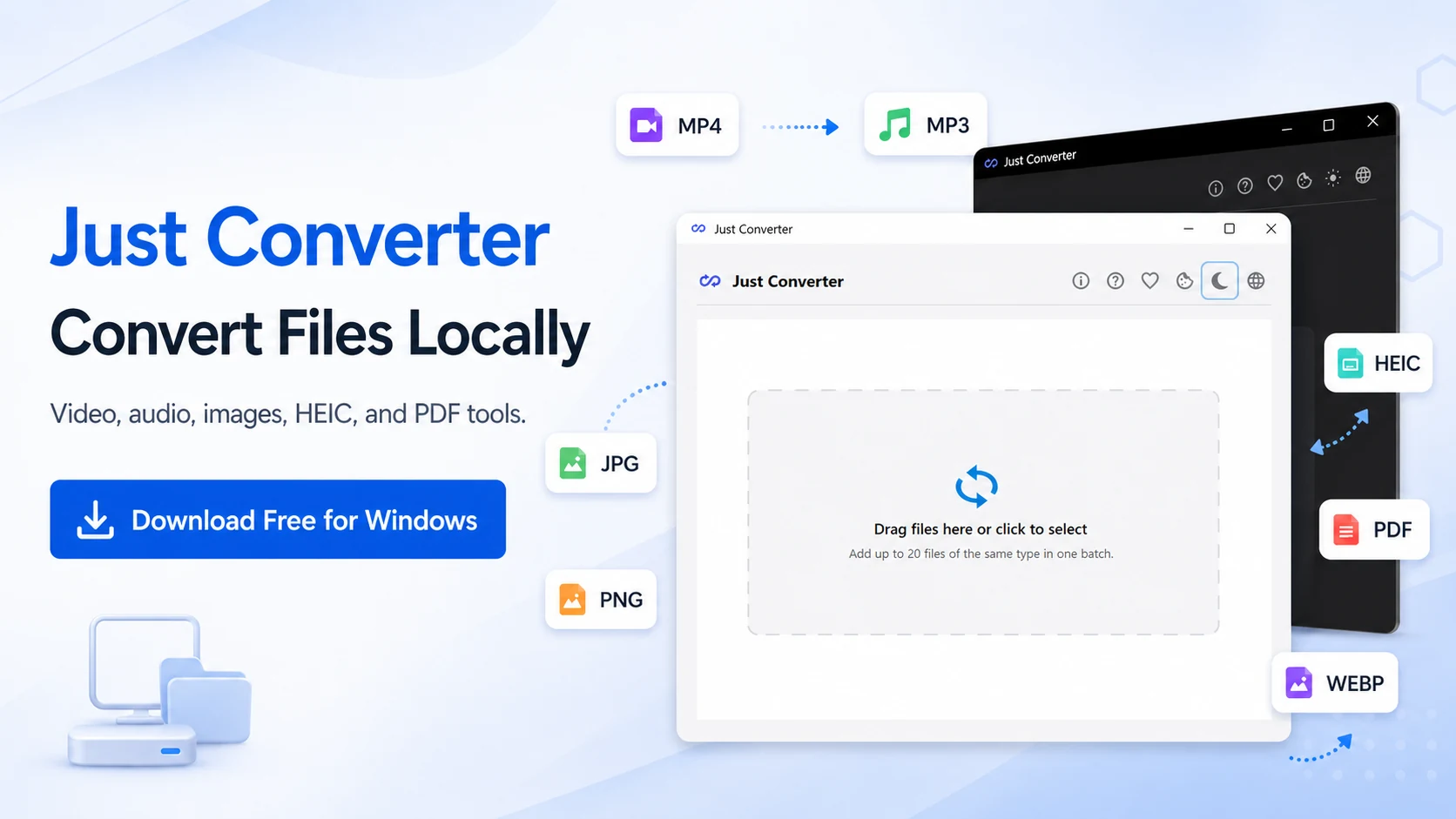 Just Converter local file converter for Windows with video, audio, image, HEIC, and PDF tools.