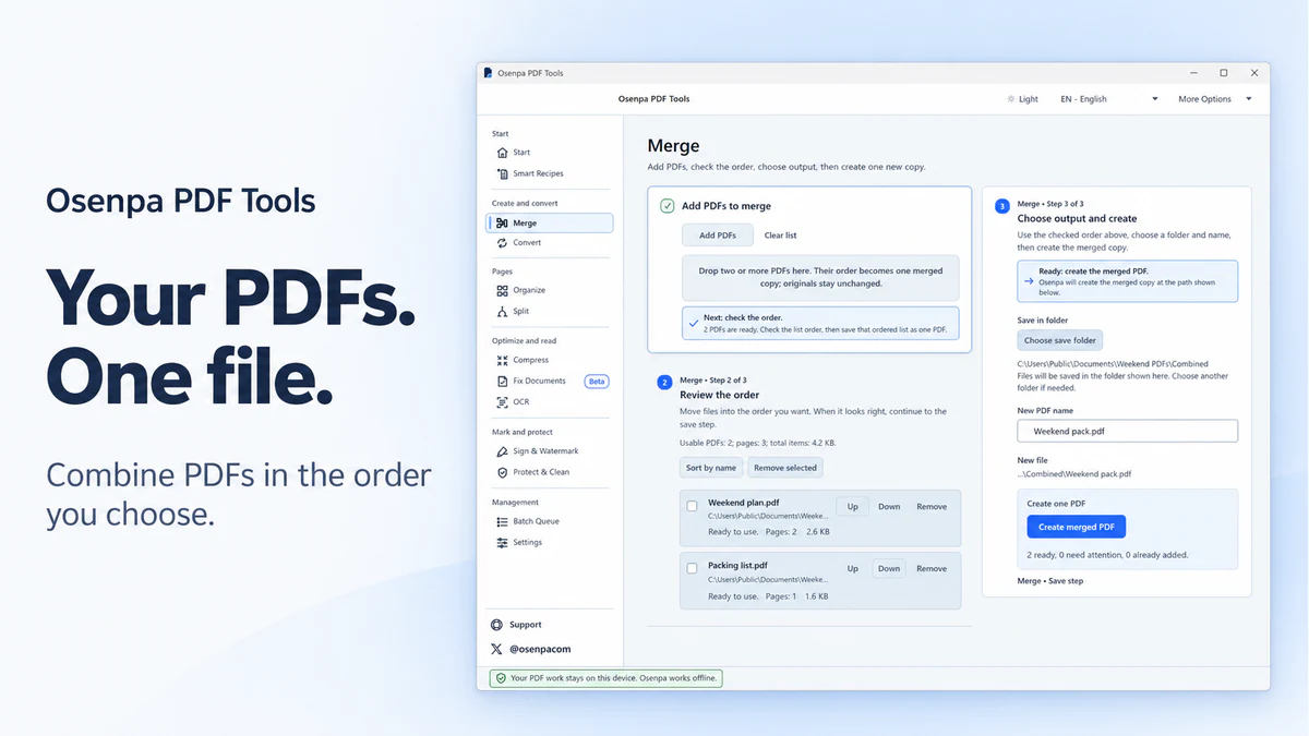 Osenpa PDF Tools Merge page showing two PDFs, ordering controls and a save-folder step.