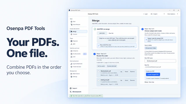 Osenpa PDF Tools Merge page showing two PDFs, ordering controls and a save-folder step.