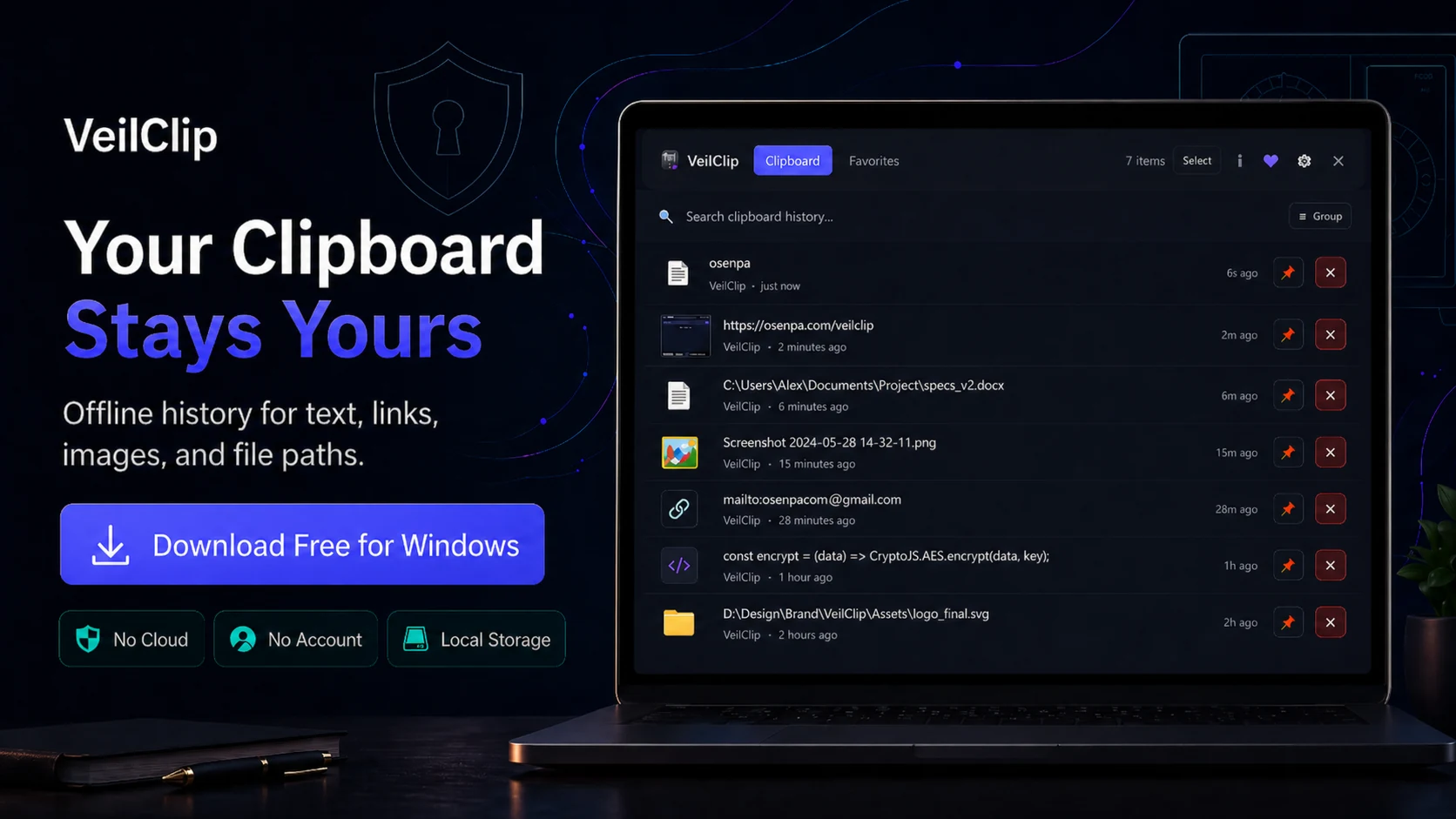 VeilClip private offline clipboard history app for saving text, links, images, and file paths locally.