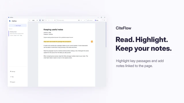 CiteFlow PDF reader showing a highlighted passage and a note marker linked to the page.