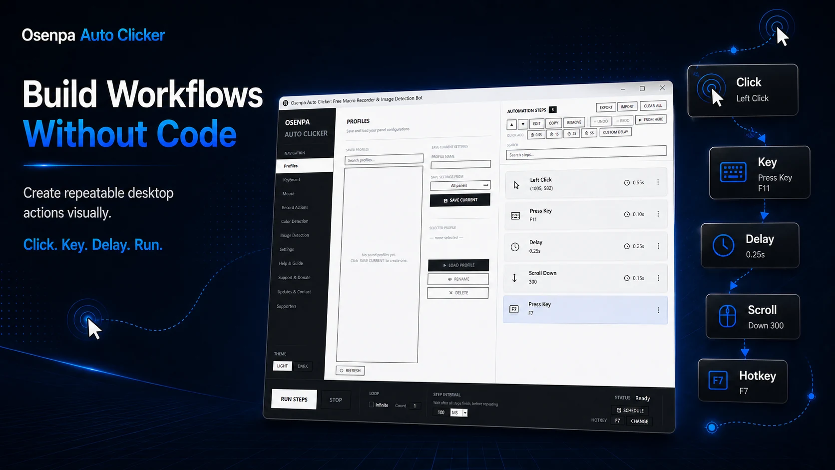 Osenpa Auto Clicker no-code workflow builder for click, key, delay, scroll, and hotkey automation.