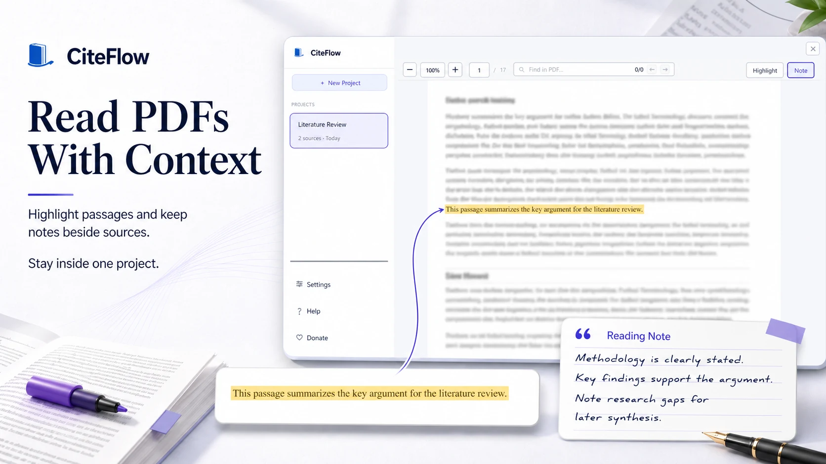 CiteFlow PDF reader with contextual highlights and source notes for faster academic research workflows.