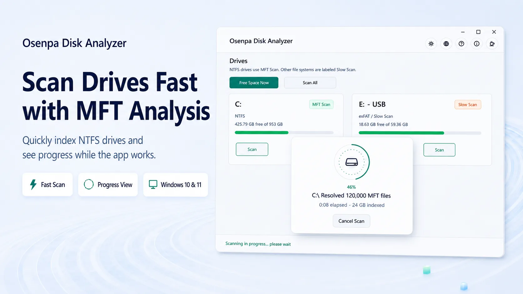 Osenpa Disk Analyzer fast MFT Scan progress view for indexing NTFS drives.