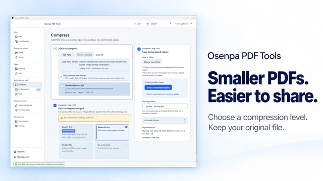 Osenpa PDF Tools Compress page with quality choices, a file list and output settings.