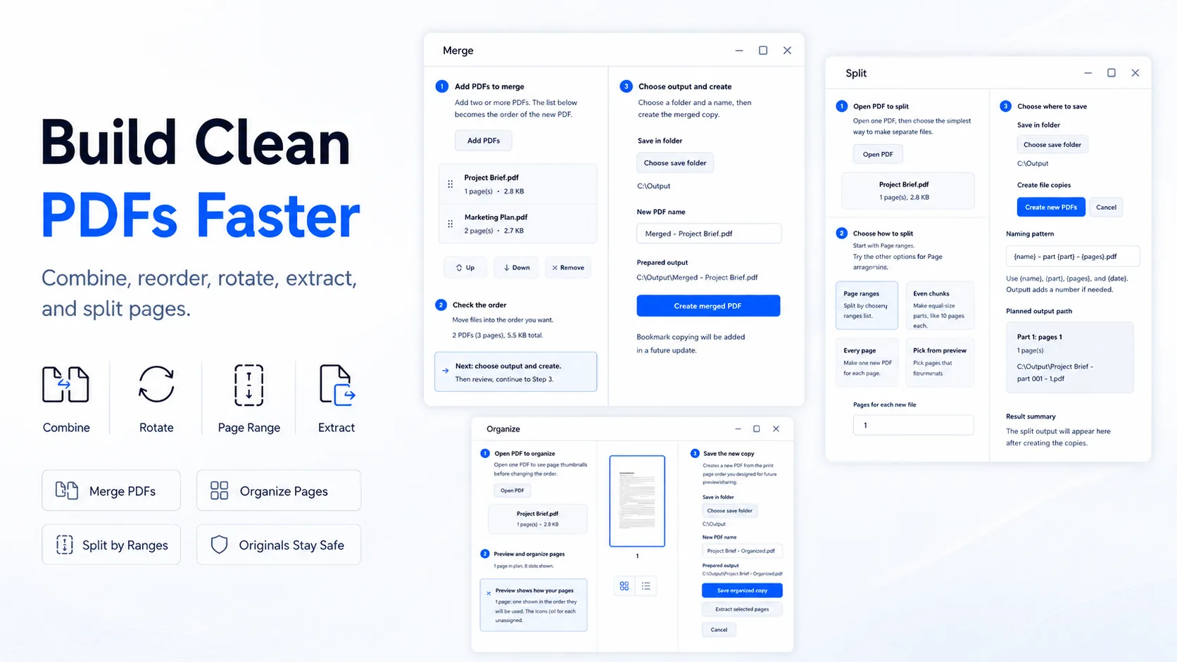 Osenpa PDF Tools merge, split, and organize workflows with page preview, rotate, extract, and save actions.