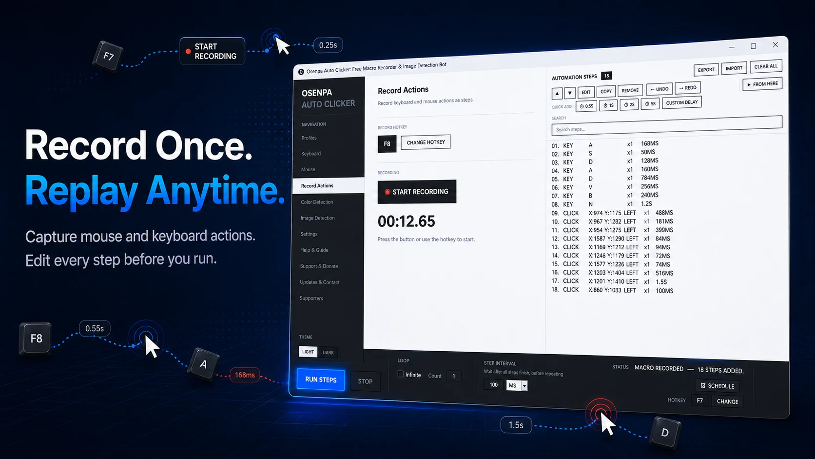 Osenpa Auto Clicker macro recorder for capturing mouse and keyboard actions and replaying them anytime.