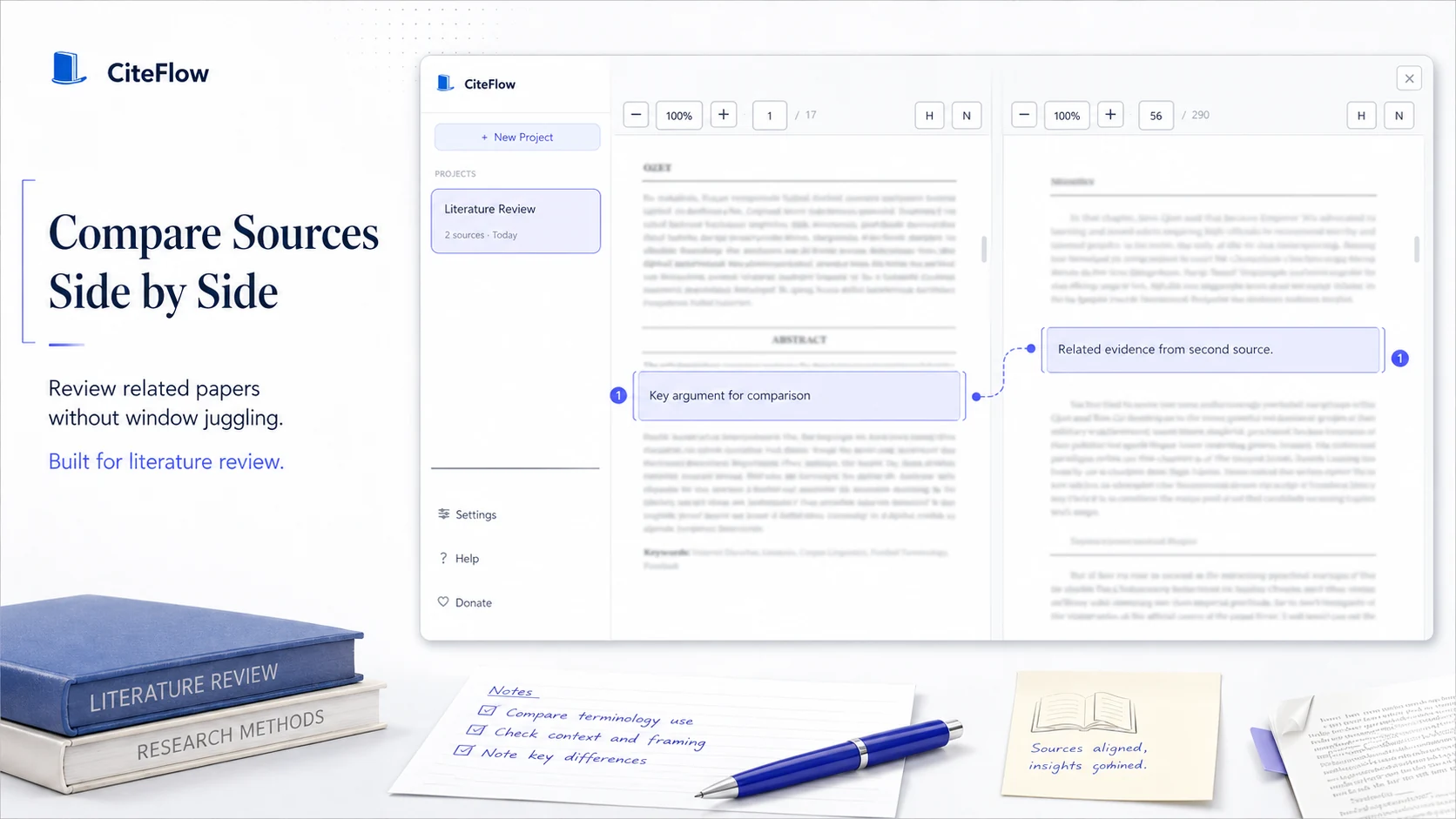 CiteFlow source comparison workspace for reviewing related papers and building stronger literature reviews.