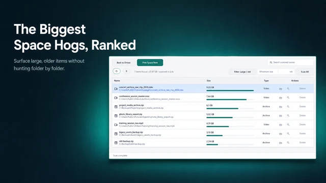 Largest files view in Osenpa Disk Analyzer