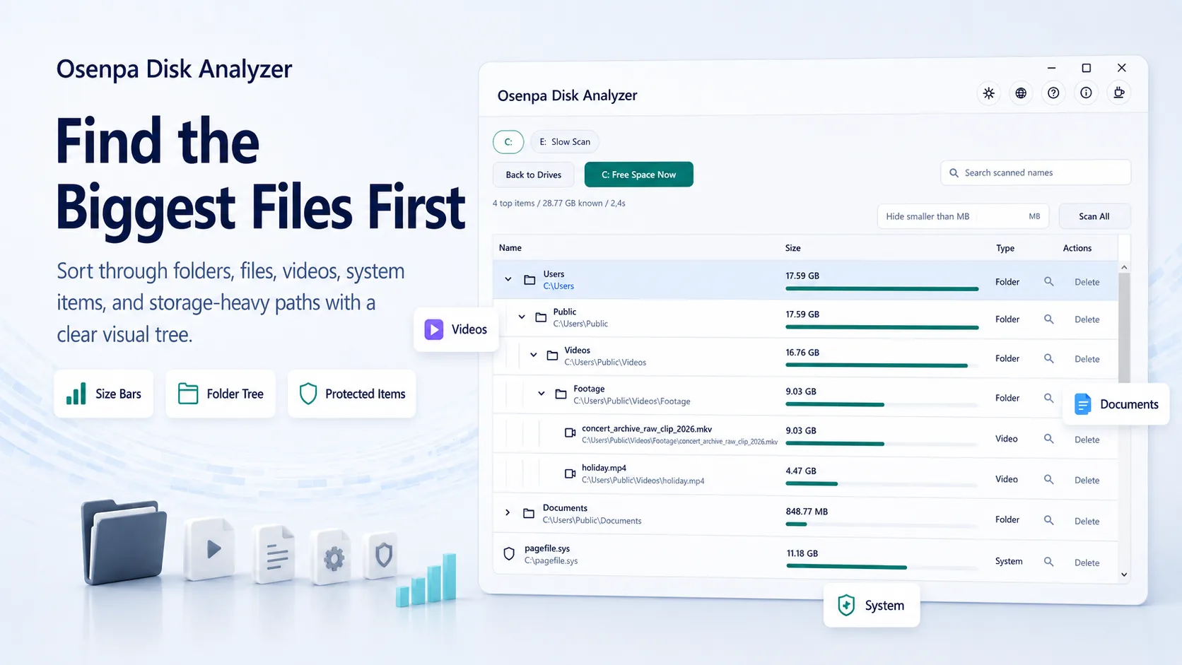 Osenpa Disk Analyzer largest files and folder tree sorted by disk usage.