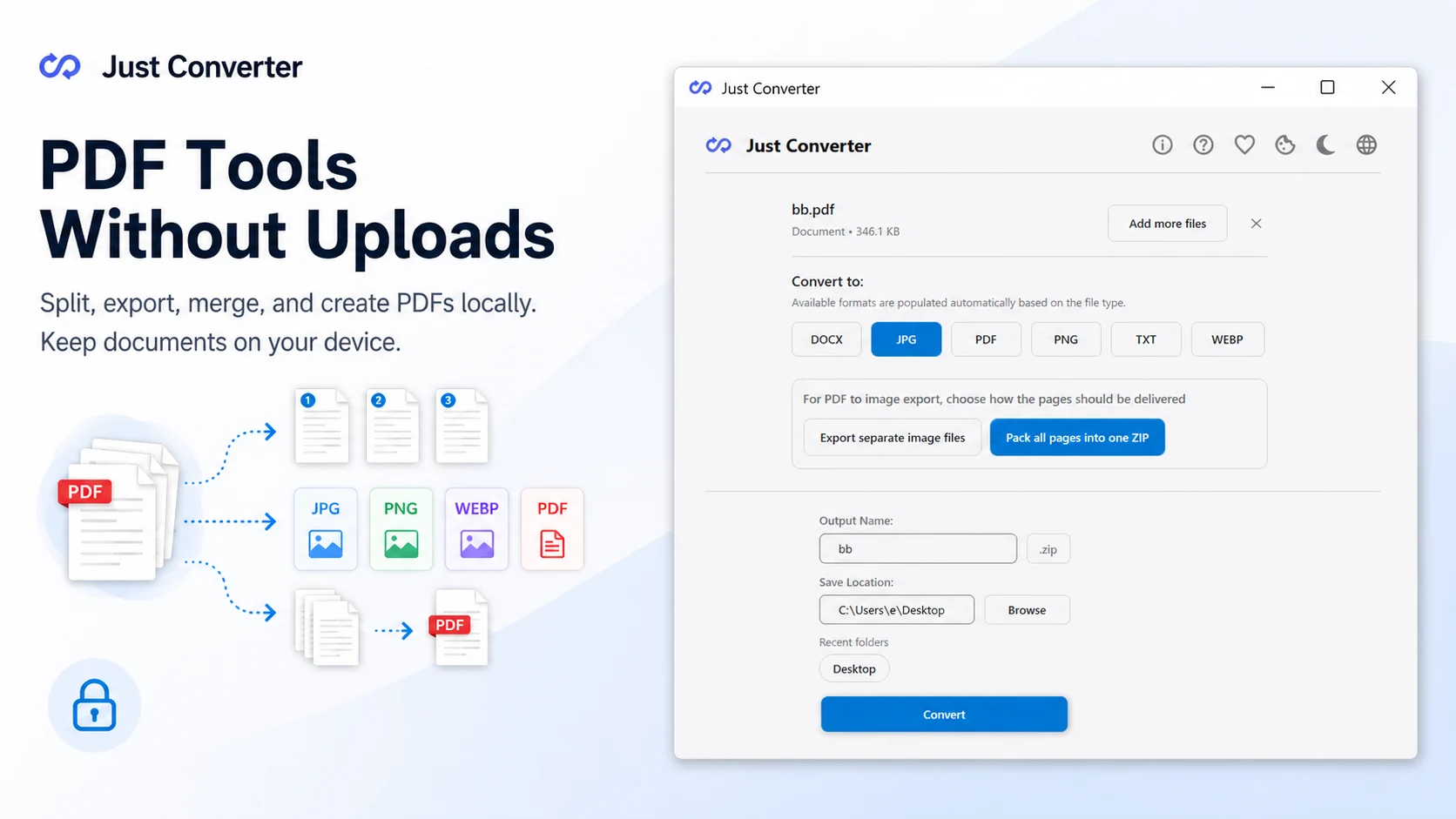 Just Converter PDF tools for splitting, exporting, merging, and creating PDFs locally without uploads.