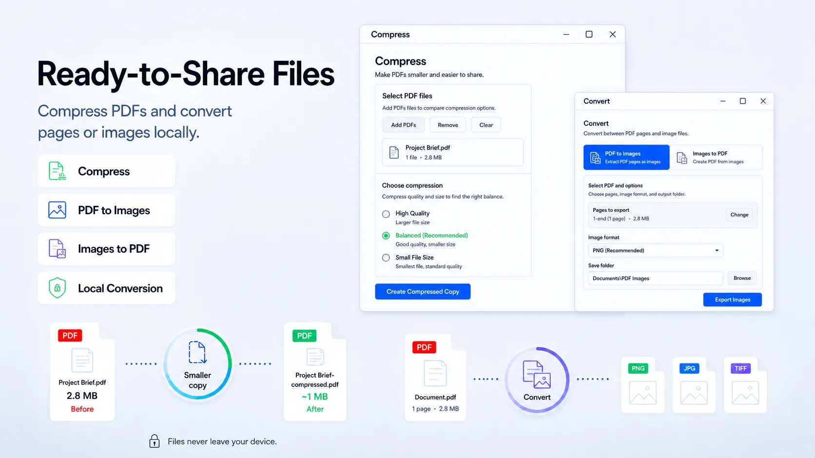 Osenpa PDF Tools compress and convert workspace for smaller PDFs, PDF to image export, and image to PDF workflows.
