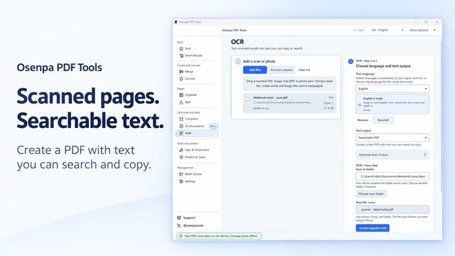 Osenpa PDF Tools OCR page with a scan, English language pack, Searchable PDF output and save settings.
