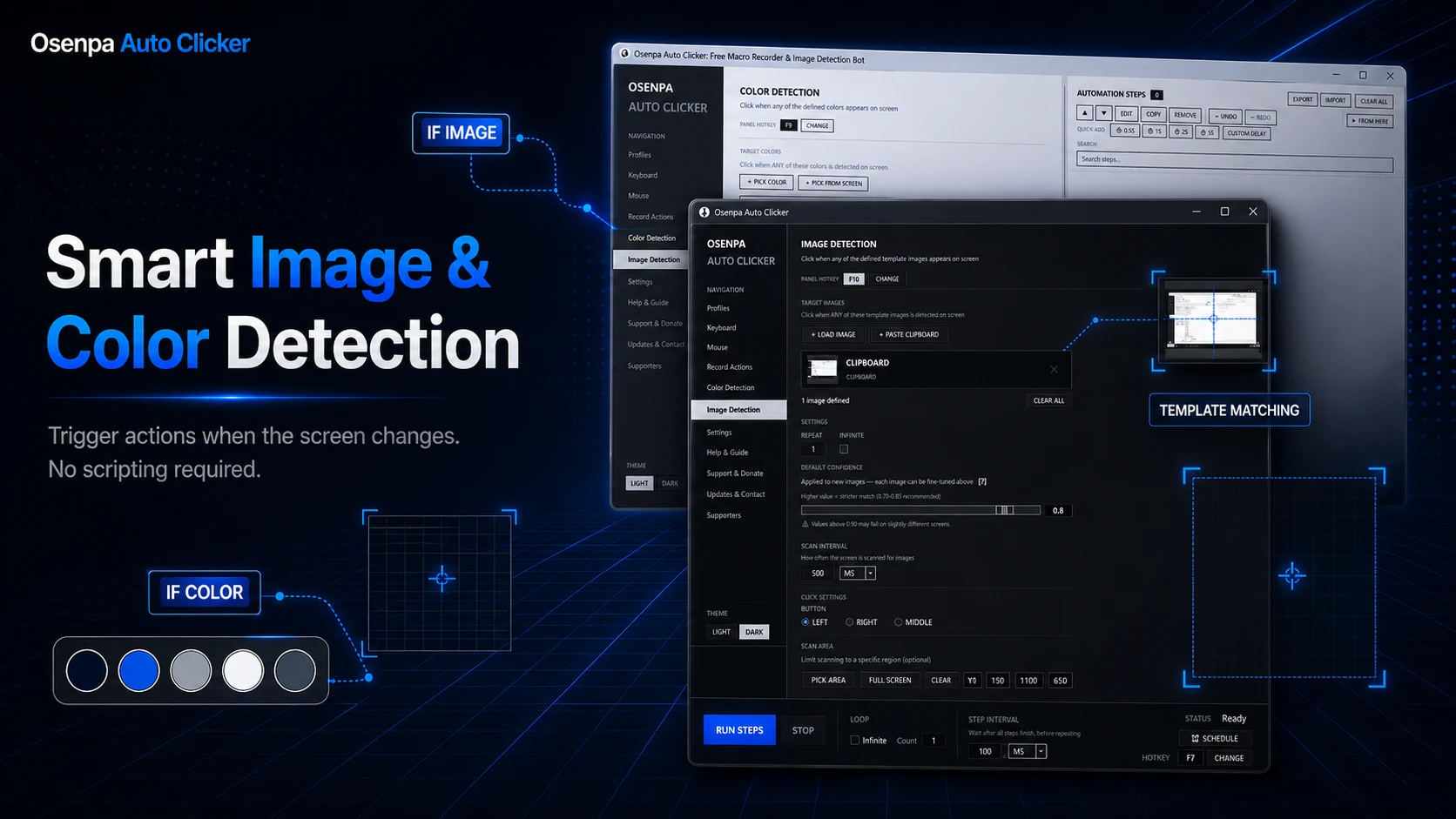 Osenpa Auto Clicker smart image and color detection for triggering actions when screen conditions change.