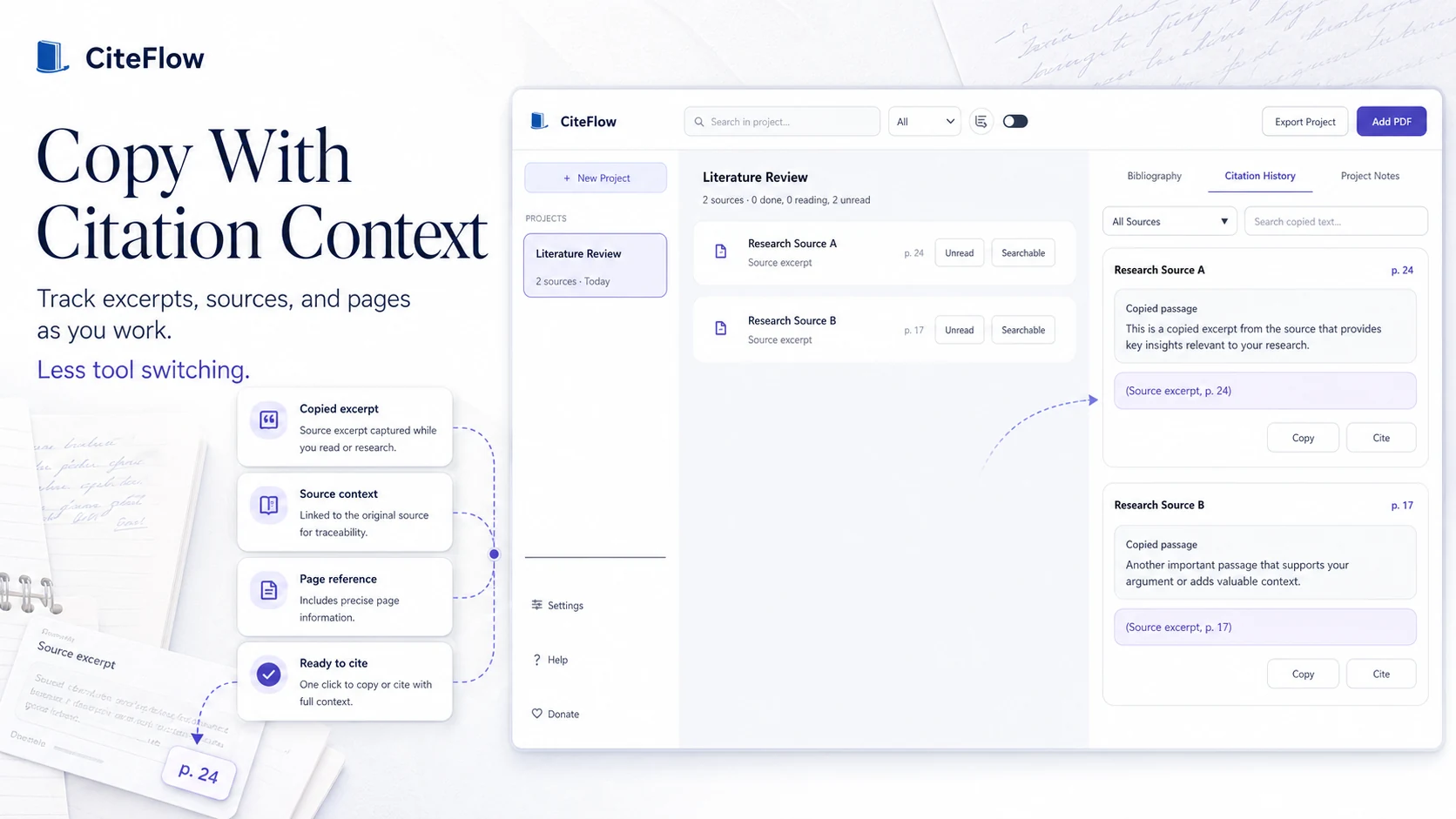 CiteFlow citation context tool for copying excerpts with source, page, and research traceability.
