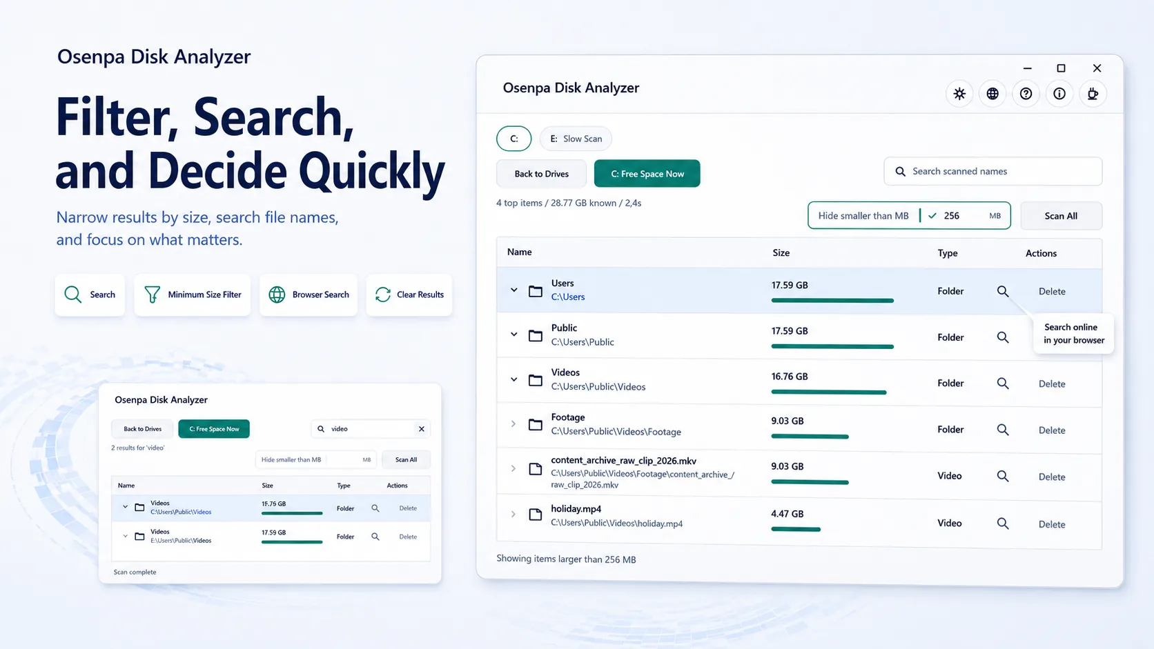 Osenpa Disk Analyzer filter and search tools for narrowing scanned disk results by name and size.