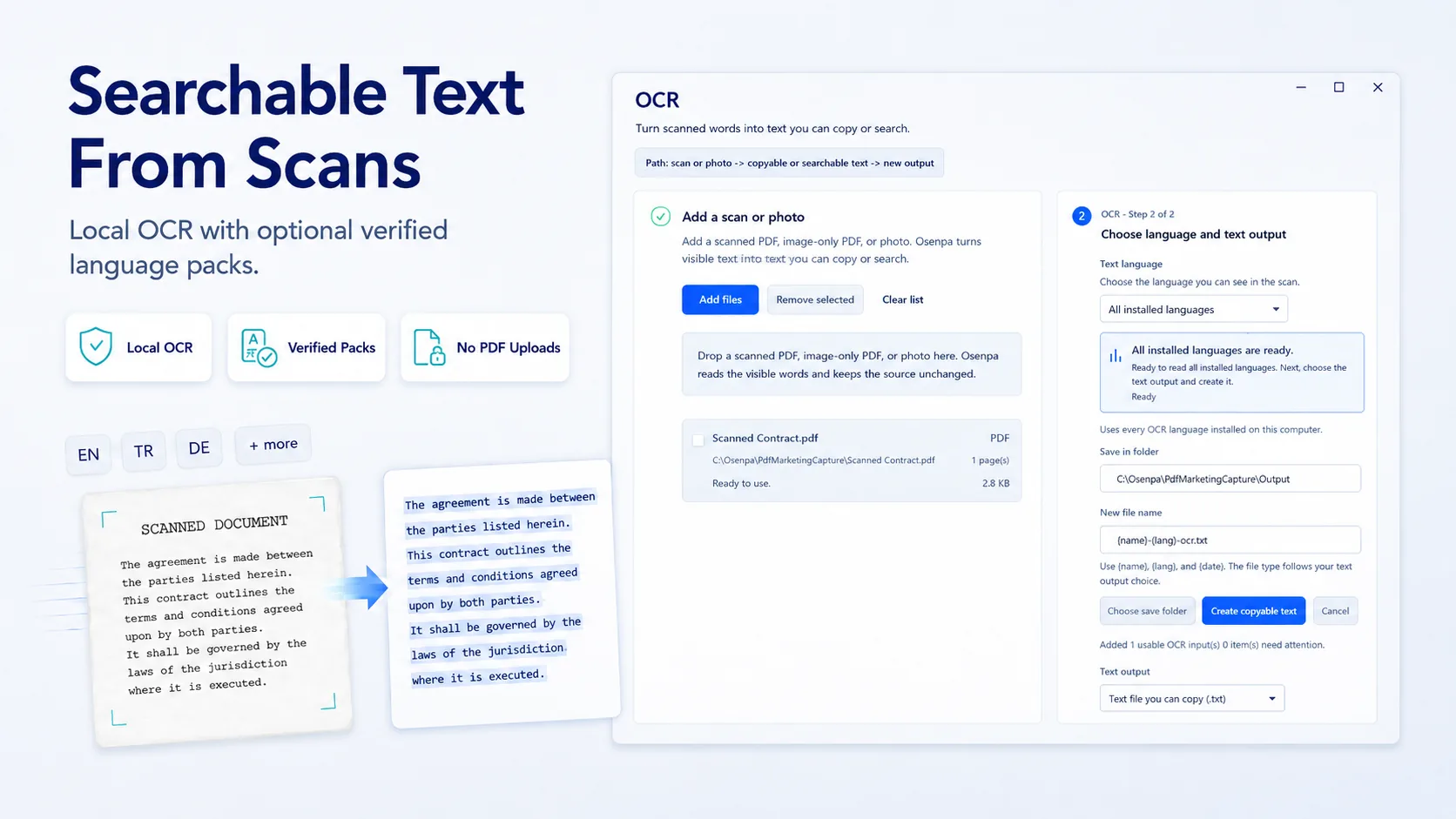 Osenpa PDF Tools local OCR workflow for scanned PDFs, image-only PDFs, text output, and searchable PDF output.