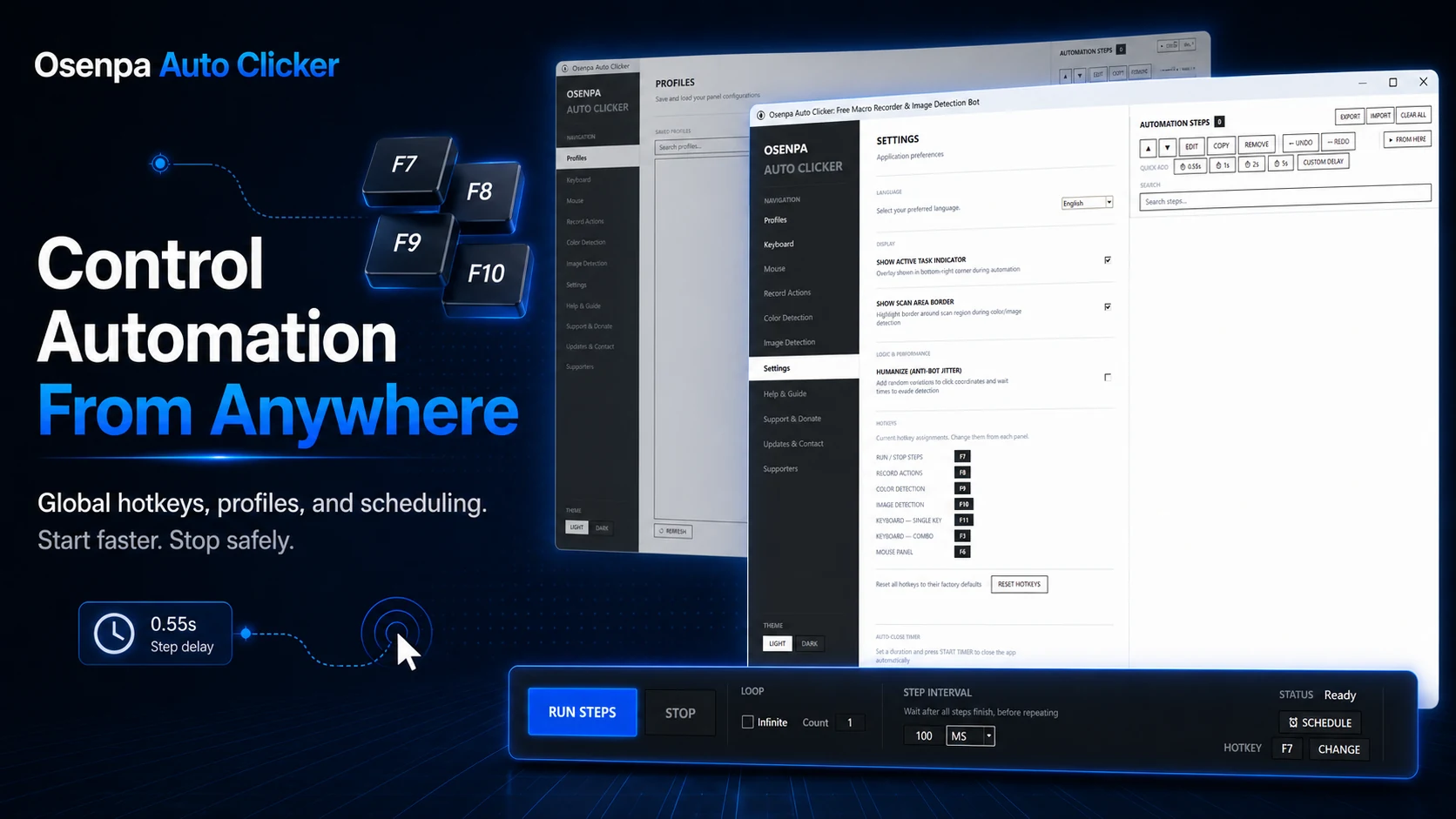 Osenpa Auto Clicker control panel for global hotkeys, profiles, scheduling, and automation management.