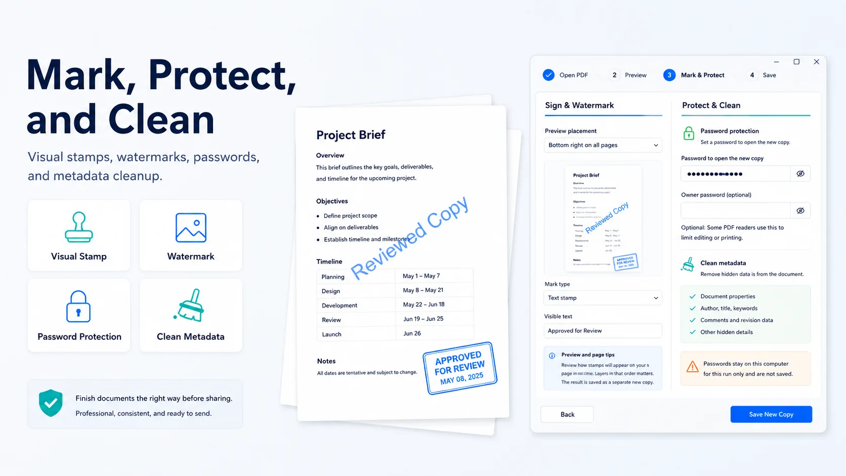 Osenpa PDF Tools finishing workspace for visual stamps, watermarks, password protection, and metadata cleanup.