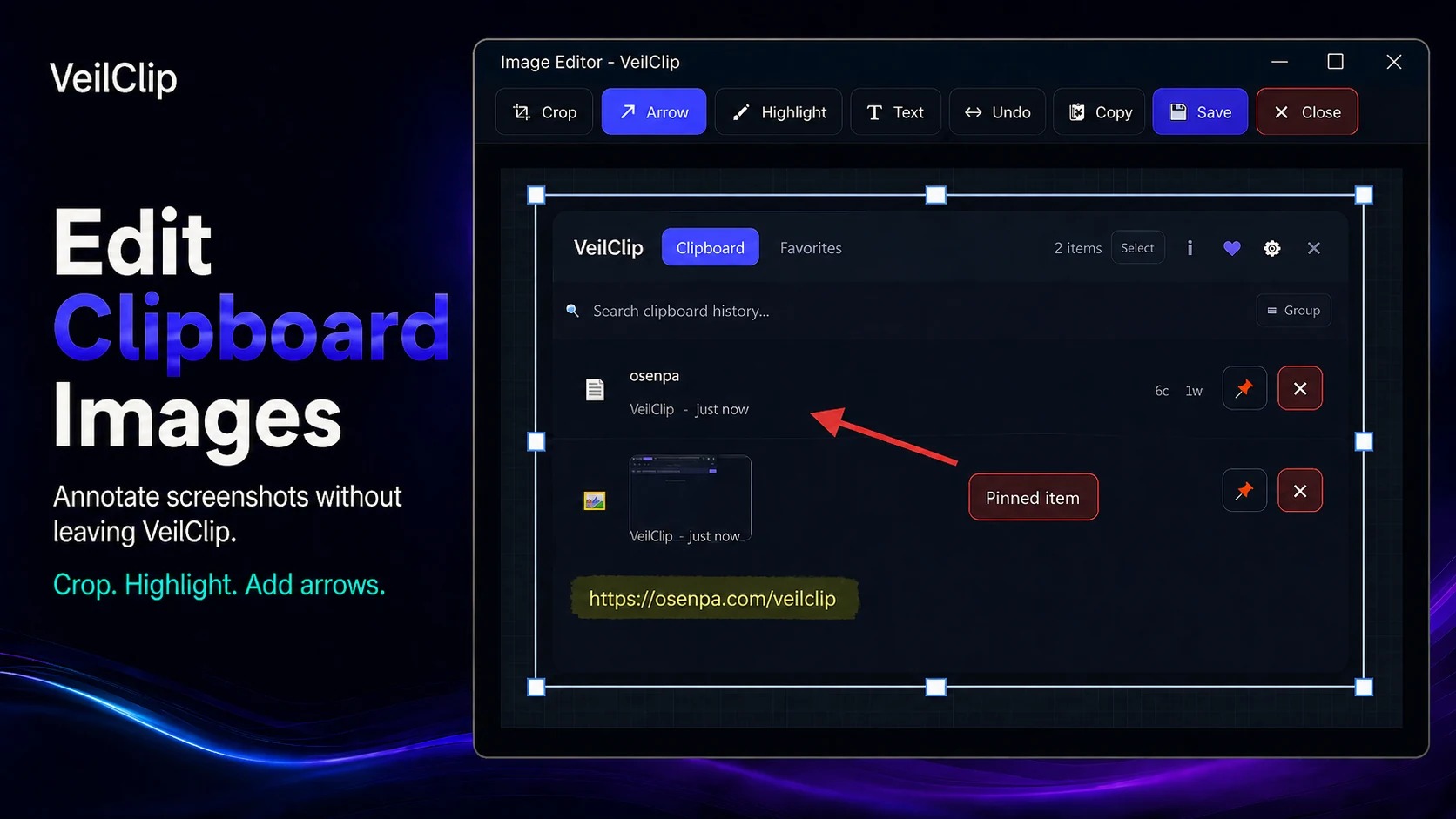 VeilClip clipboard image editor for cropping, highlighting, annotating, copying, and saving screenshots.