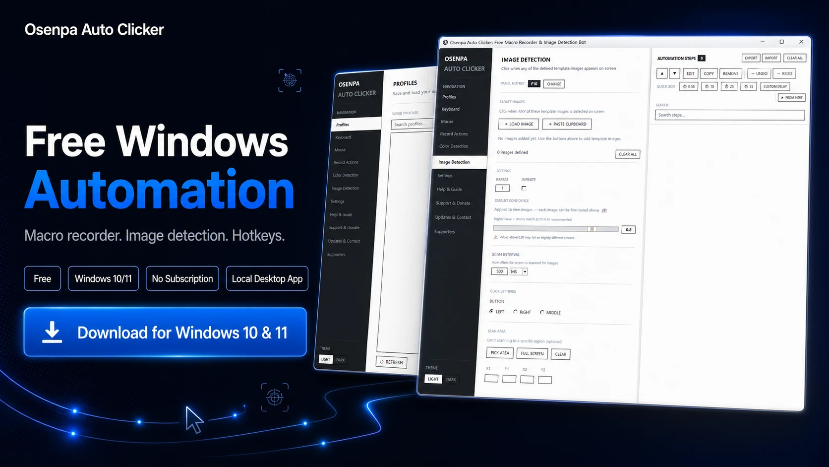 Osenpa Auto Clicker free Windows automation app with macro recorder, image detection, and local desktop workflows.