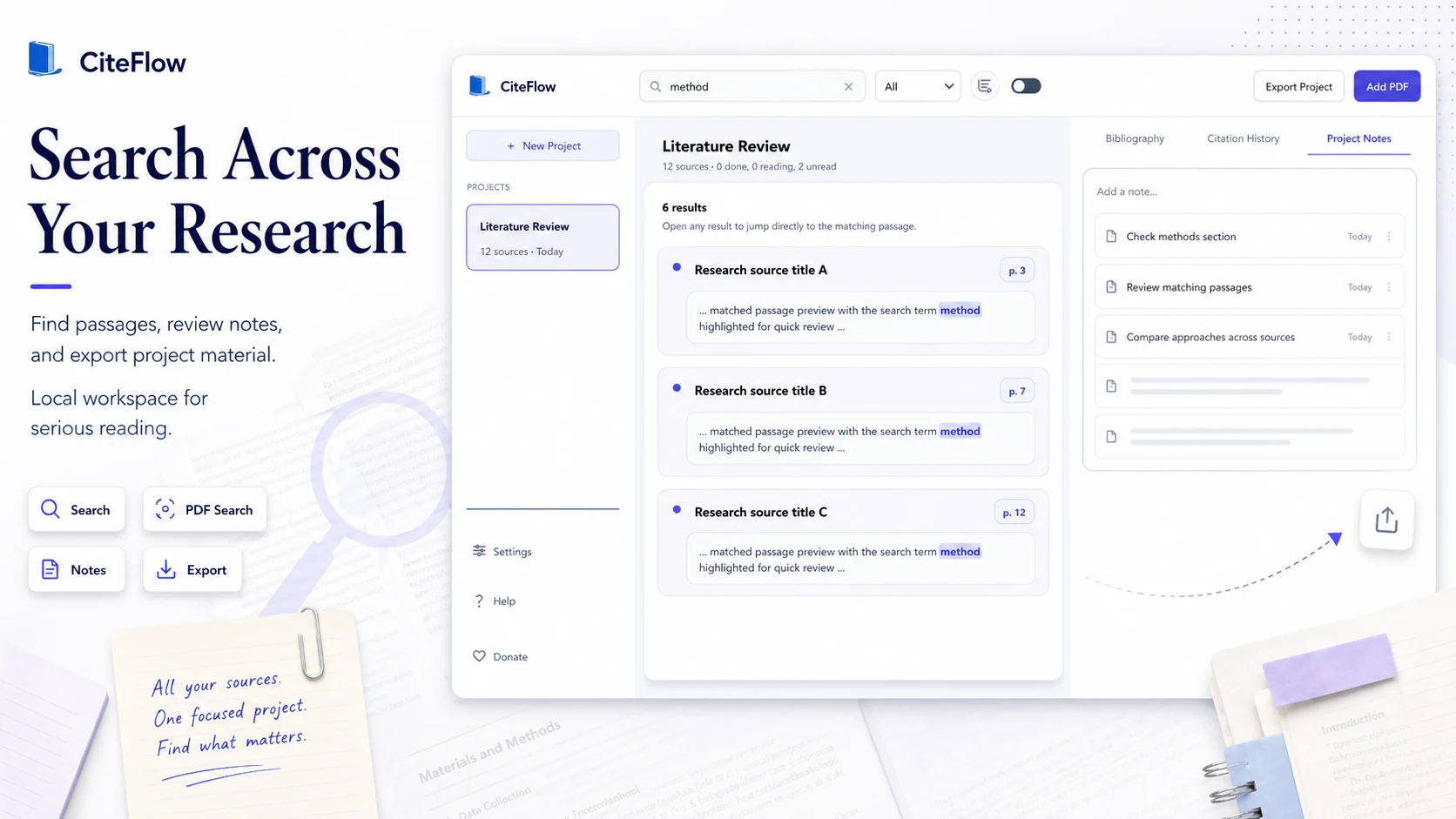 CiteFlow research search tool for finding passages, notes, and project material across academic sources.