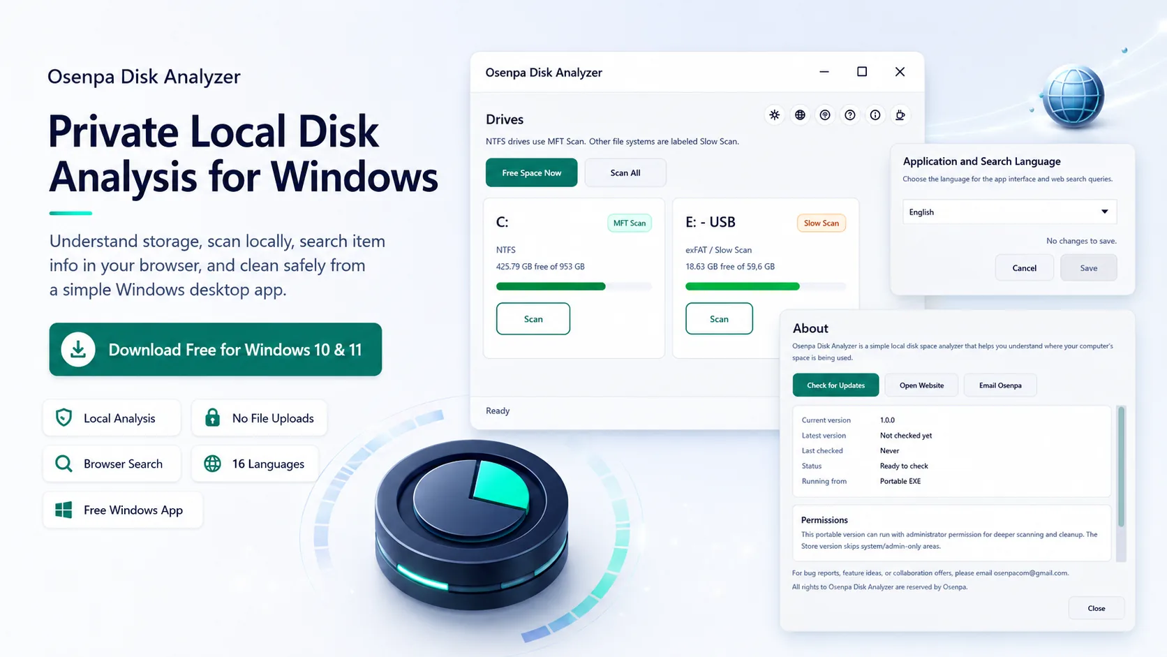 Osenpa Disk Analyzer private local disk analysis app for Windows with no file uploads.
