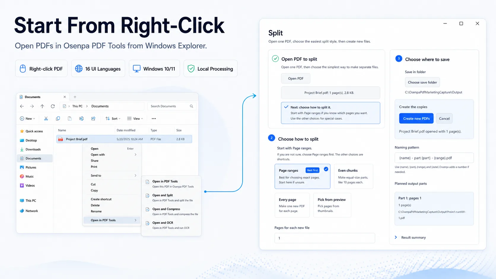 Osenpa PDF Tools Windows Explorer right-click PDF actions for opening, splitting, compressing, OCR, and local workflows.