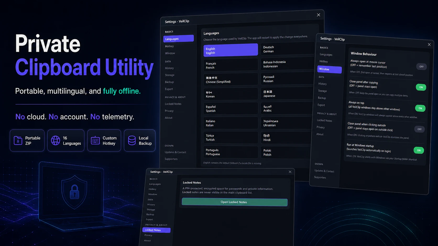 VeilClip private clipboard utility with local storage, multilingual support, custom hotkeys, and no telemetry.