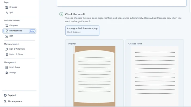 Osenpa PDF Tools Fix Documents showing the original photographed page beside the cleaned result