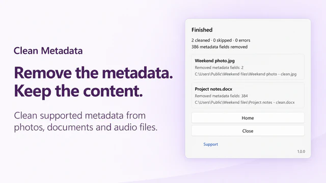 Clean Metadata product visual showing a Finished summary and removed metadata fields for a photo and Word document.
