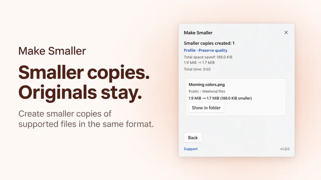 Make Smaller product visual showing a Preserve quality result for a PNG, its smaller copy size and the Show in folder button.