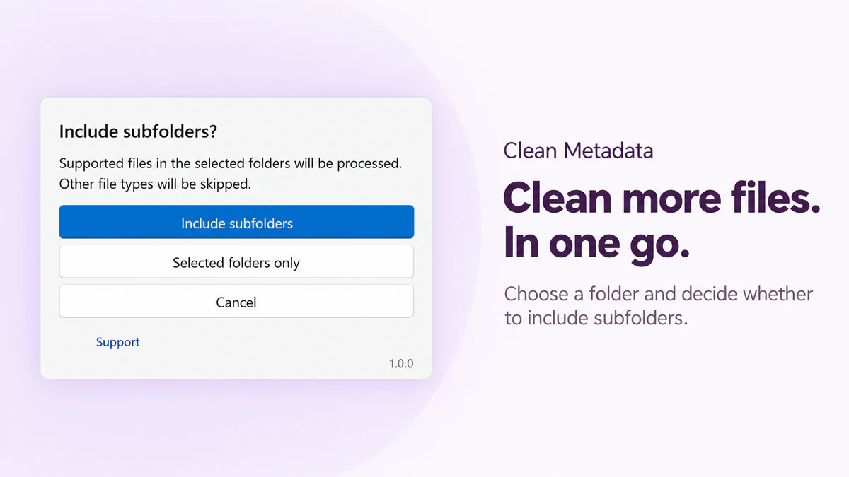 Clean Metadata product visual showing Include subfolders and Selected folders only options.