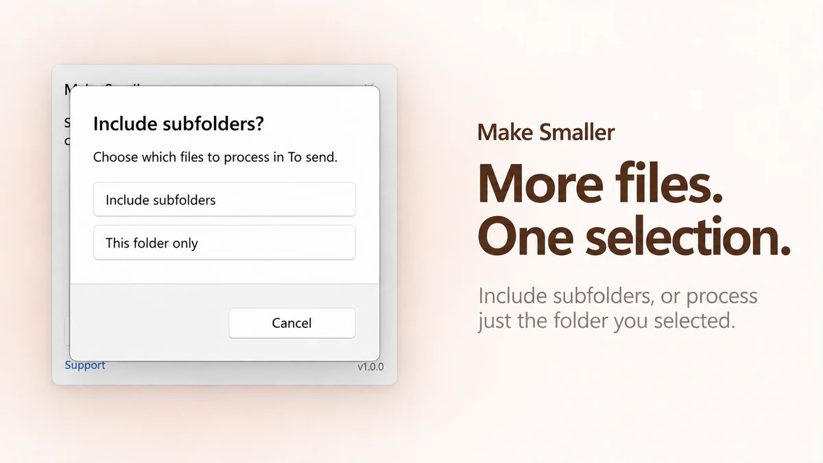 Make Smaller product visual showing the Include subfolders and This folder only choices for a selected folder.