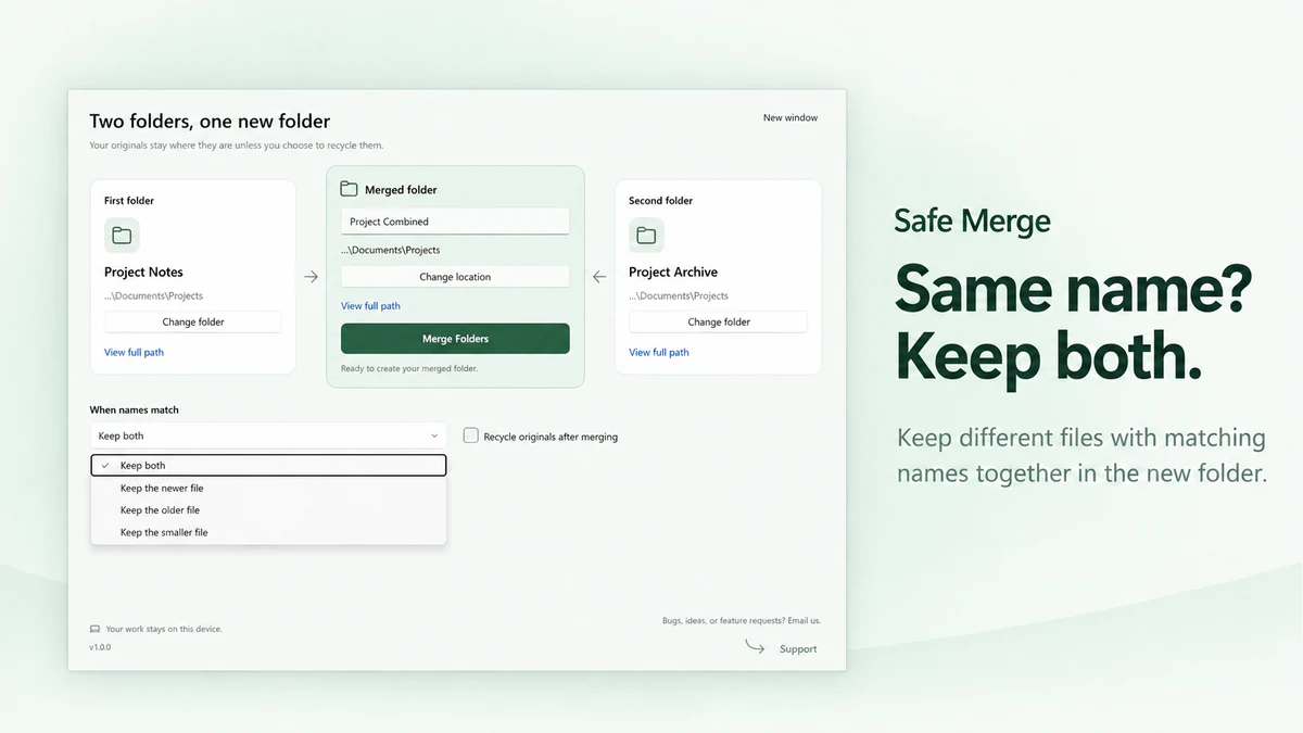 Safe Merge: same name file options
