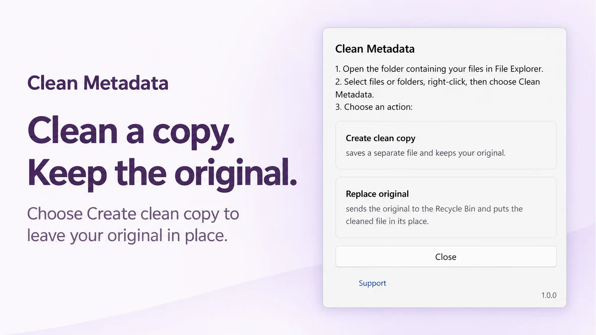 Clean Metadata product visual explaining Create clean copy and Replace original in File Explorer.