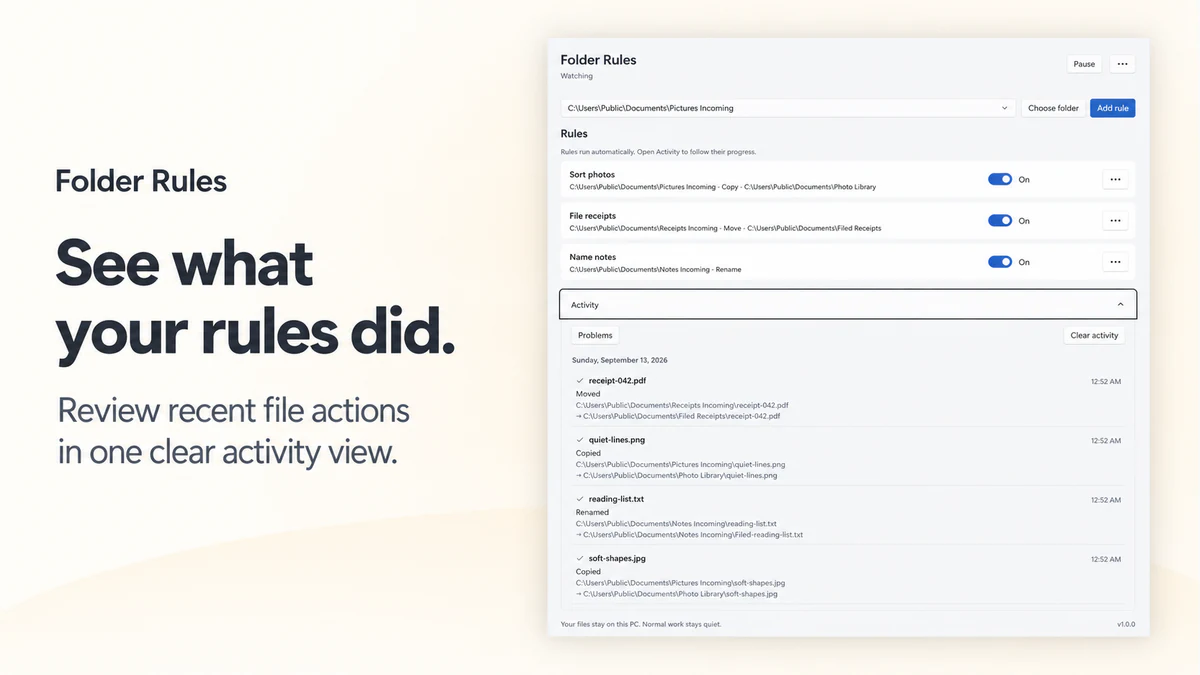 Folder Rules: rule activity results