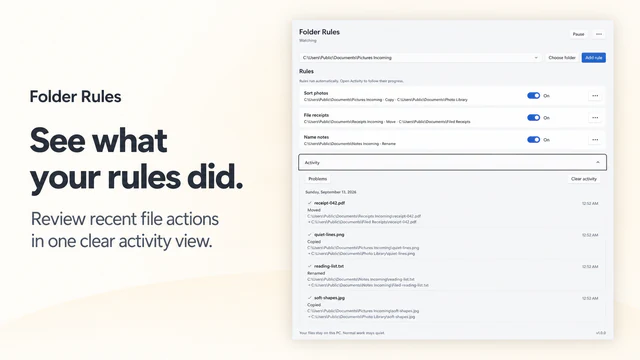 Folder Rules: rule activity results