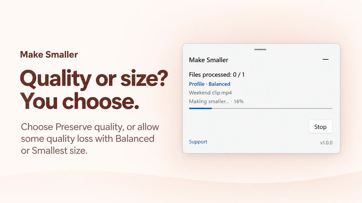 Make Smaller product visual showing an MP4 being processed with the Balanced profile, and explaining Preserve quality, Balanced and Smallest size.