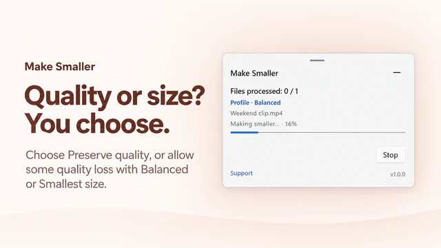 Make Smaller product visual showing an MP4 being processed with the Balanced profile, and explaining Preserve quality, Balanced and Smallest size.