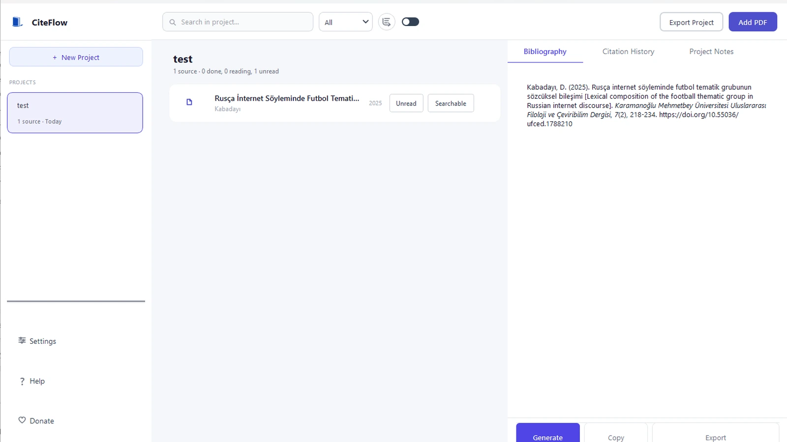 CiteFlow bibliography view generating formatted reference output from project sources on Windows