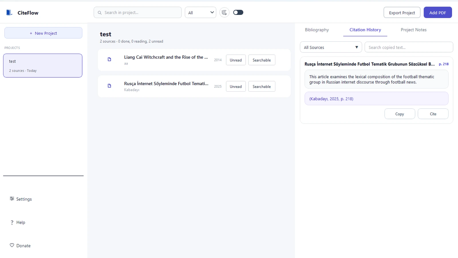 CiteFlow citation history showing copied text with source details and page context on Windows
